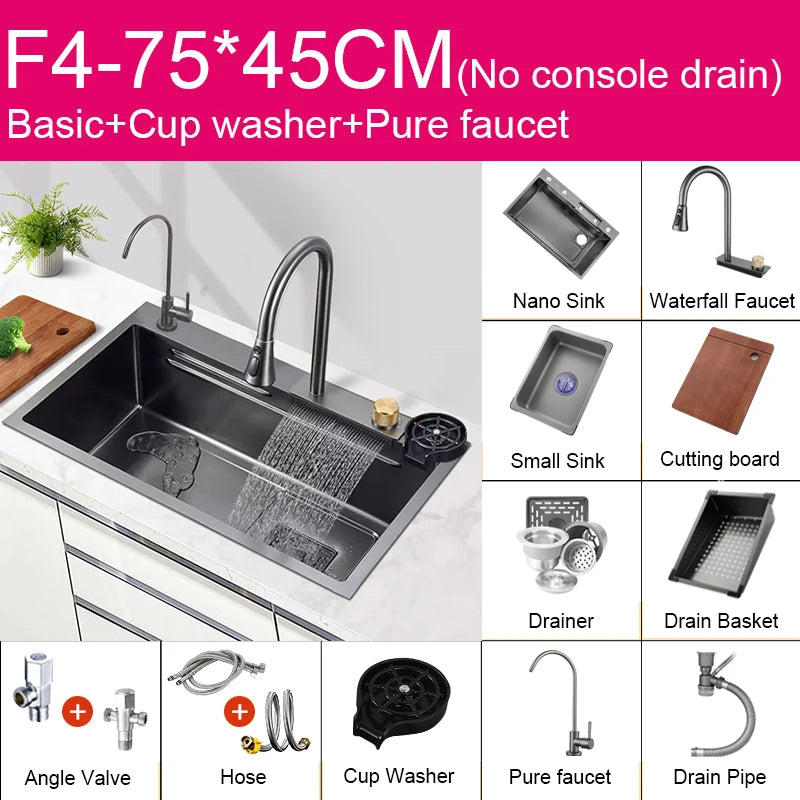 Évier de Cuisine Multifonction Cascade Noir avec Lave-Tasse