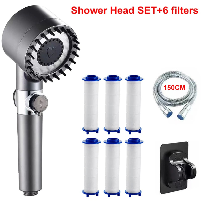 Pommeau de Douche à Filtre Massage, Kit avec Flexible et Support, Gris ou Violet