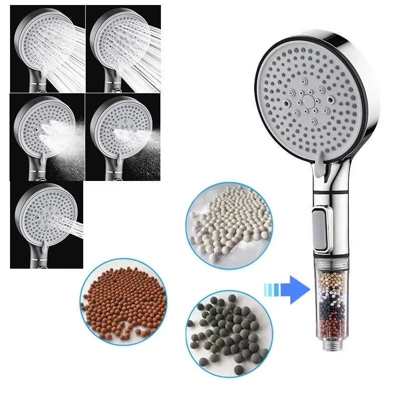 Pommeau de Douche Filtrant 5 Jets Stop Eau Haute Pression 12 cm