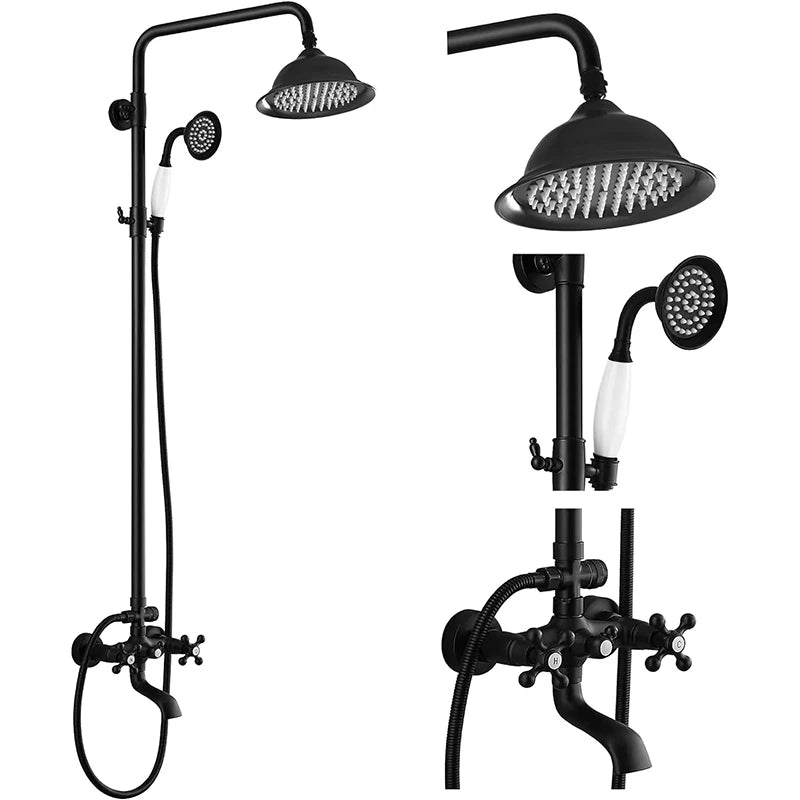 Colonne de Douche Rétro Laiton Antique ou Noir Mat, Pommeau Pluie 20 cm