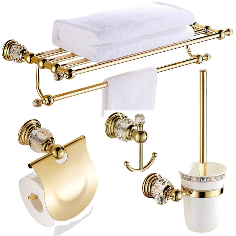 Accessoires Salle de Bain Dorés Cristal Muraux à la Pièce, 15 Articles