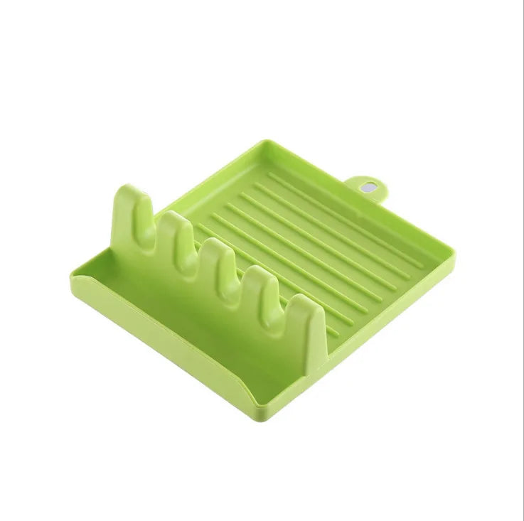 Repose-Cuillère Plastique à 4 Encoches avec Plateau, Blanc, Vert ou Gris, 14 cm