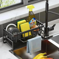 Organisateur d'Évier Acier Carbone Auto-Drainant avec Porte-Serviette