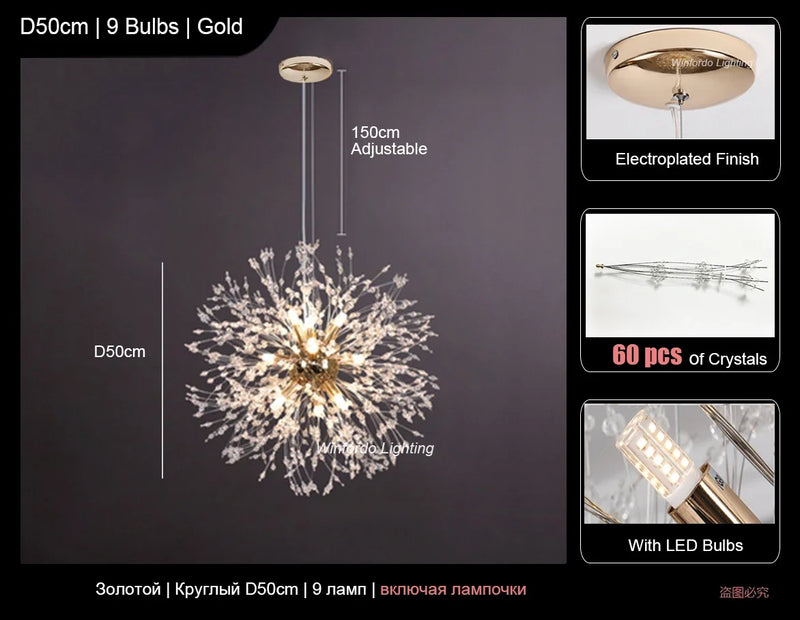 Suspension Cuisine Pissenlit Cristal Doré, Ronde ou Linéaire, 40 à 92 cm