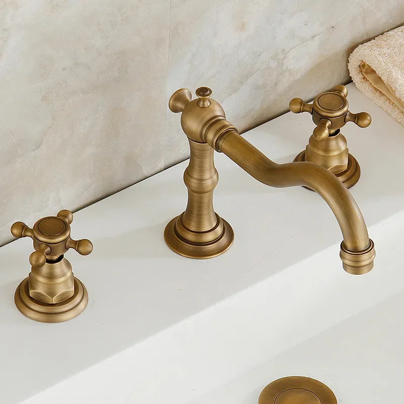 Mitigeur Lavabo Rétro Laiton Antique Brossé, 3 Trous, Bec Col de Cygne ou Serpentin