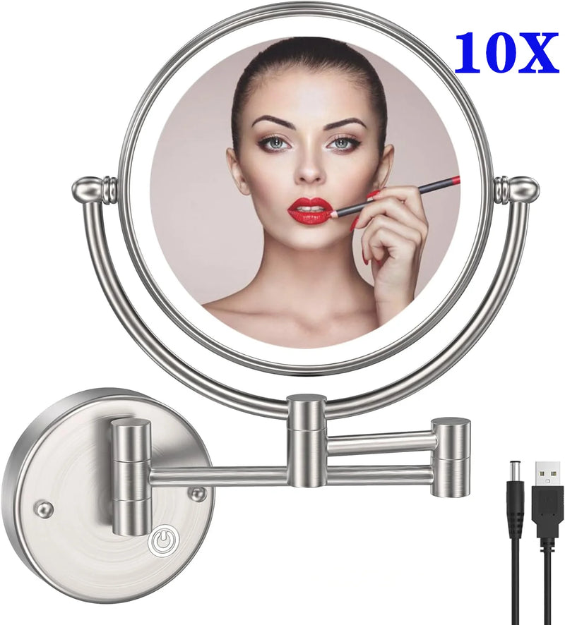 Miroir de Maquillage LED Grossissant 10X Tactile Mural Double Bras Extensible