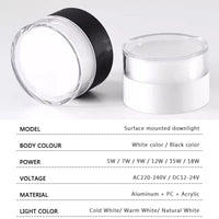 Spot LED en Saillie Cylindre Acrylique Cuisine, 5 à 18 W, Noir ou Blanc