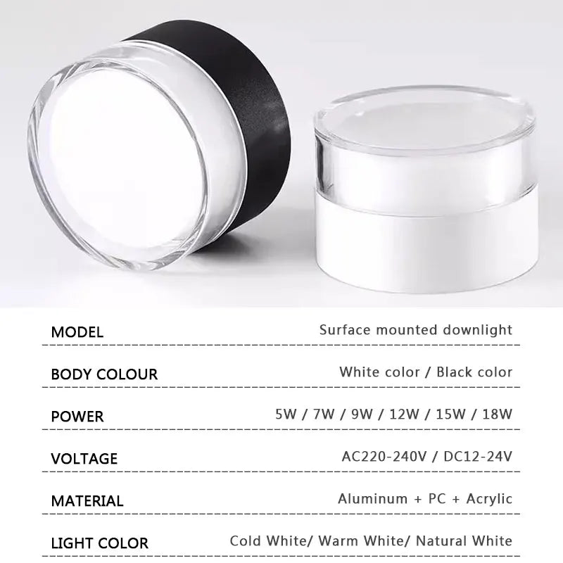 Spot LED en Saillie Cylindre Acrylique Cuisine, 5 à 18 W, Noir ou Blanc