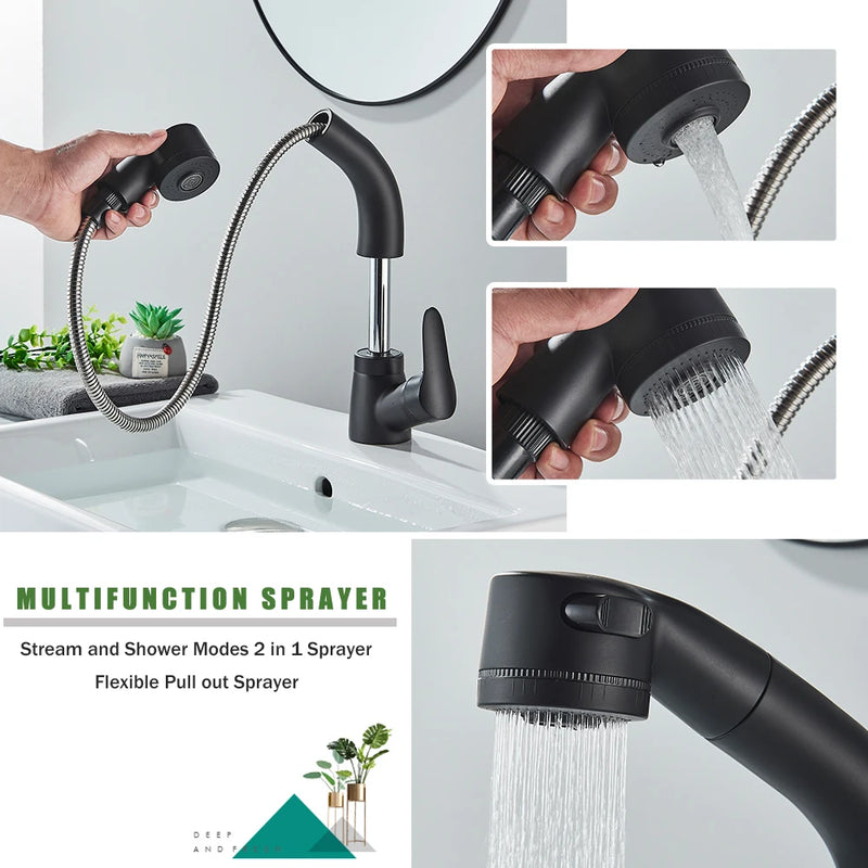 Mitigeur Lavabo Douchette Extractible Noir Mat