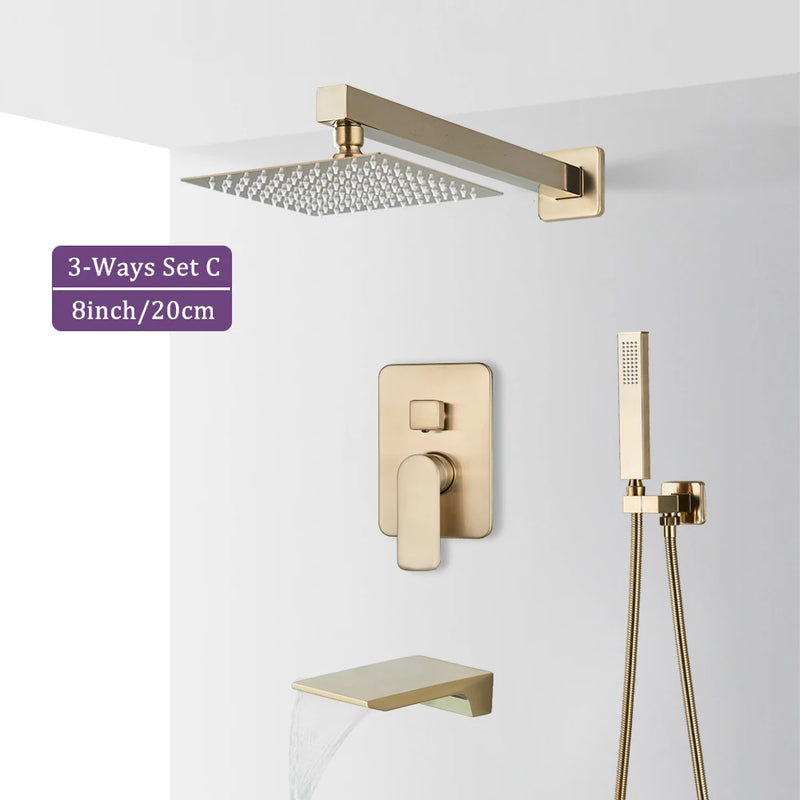 Douche Encastrable Or Brossé 2 ou 3 Voies, Pommeau Carré 20 à 40 cm