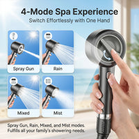 Pommeau de Douche Turbo Noir 4 Modes, 119 Micro-Orifices et 5 Cartouches