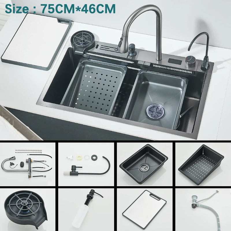 Évier Cuisine Inox 304 à Cascade, avec ou sans Rince-Verre, 60 ou 75 cm