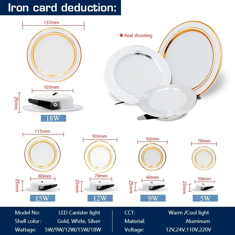 Spot LED Encastrable Cuisine Rond Blanc, Doré ou Argent, 5 à 18 W