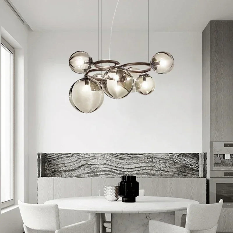 Suspension Cuisine Globes Verre sur Anneaux, 5, 7 ou 9 Têtes