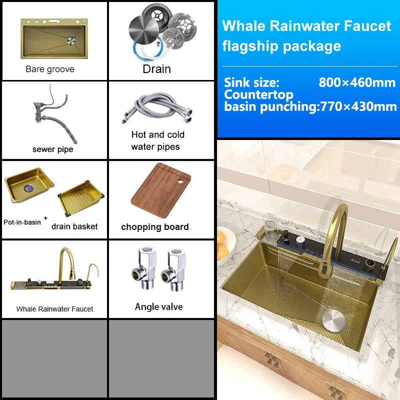 Évier de Cuisine Inox 1 Bac avec Robinet Cascade, 68 à 88 cm