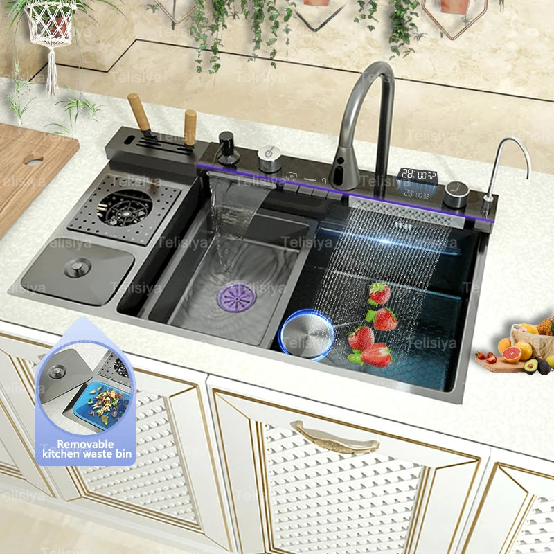Évier de Cuisine Inox 1 Bac avec Robinet Cascade, 68 à 88 cm