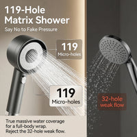 Pommeau de Douche Turbo Noir 4 Modes, 119 Micro-Orifices et 5 Cartouches