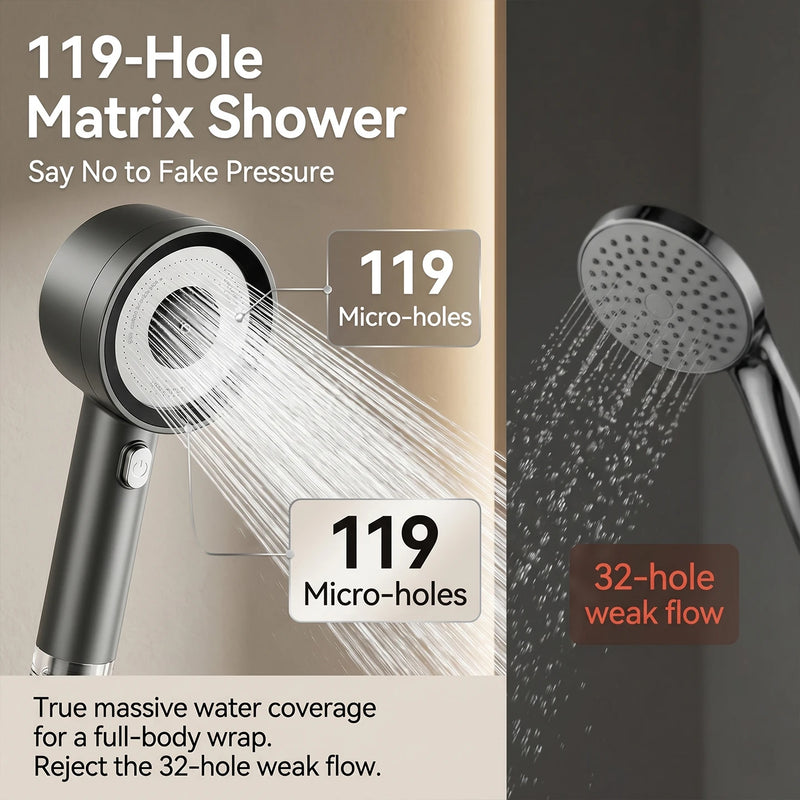 Pommeau de Douche Turbo Noir 4 Modes, 119 Micro-Orifices et 5 Cartouches