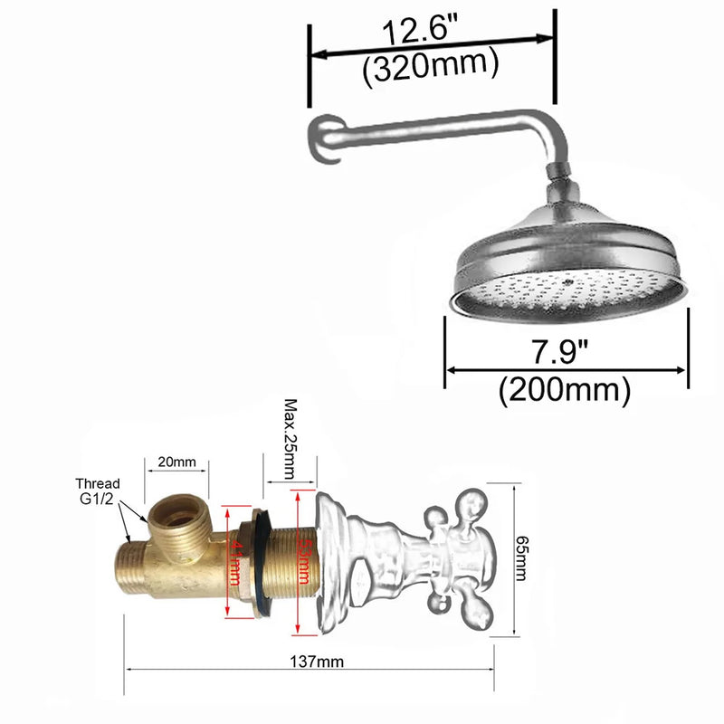Colonne de Douche Murale Laiton Vieilli avec Pommeau Pluie 20 cm