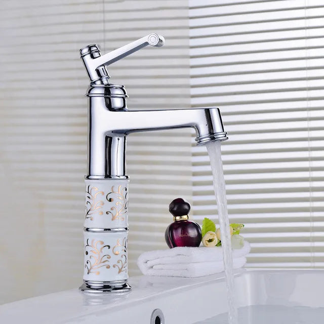 Mitigeur Lavabo Haut Céramique Blanche Motif Doré