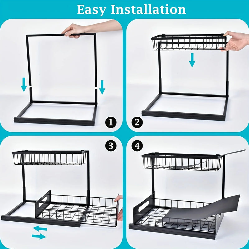 Rangement Sous Évier Coulissant 2 Niveaux Blanc ou Noir, Organisateur d'Armoire