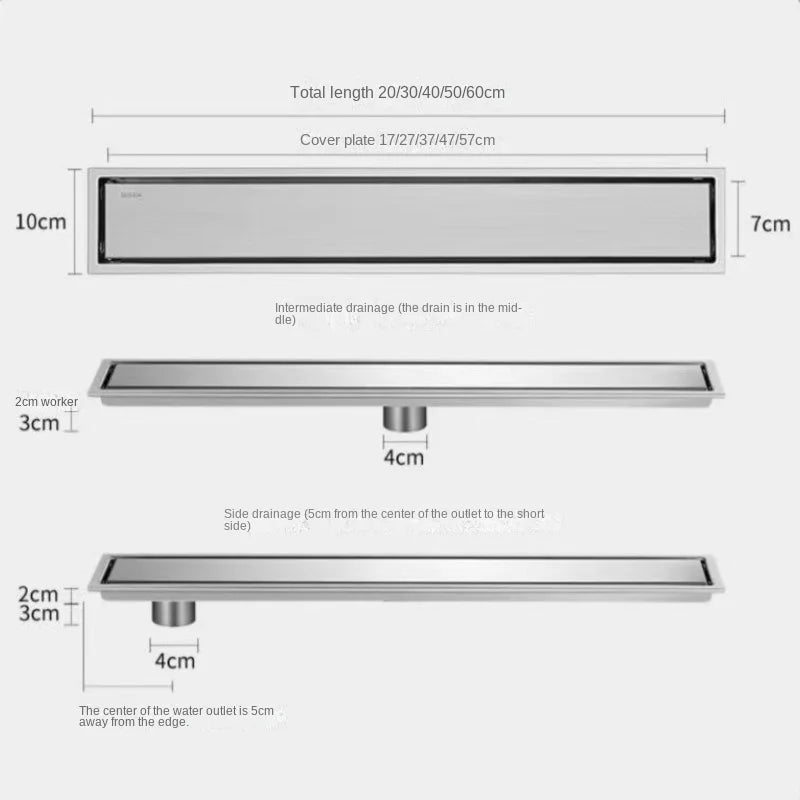 Caniveau de Douche Inox 304 Noir, Doré, Brossé, 20 à 60 cm