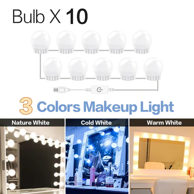 Ampoules LED Miroir Maquillage USB, 3 Teintes, 20 ou 30 Ampoules