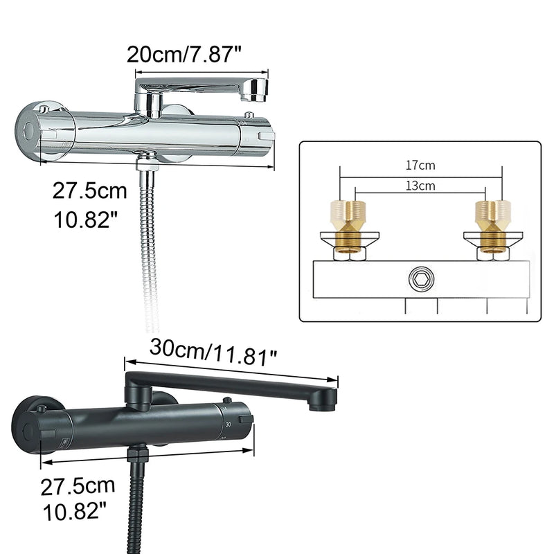 Robinet Baignoire Thermostatique Mural Bec Orientable 20 ou 30 cm, Noir ou Chromé