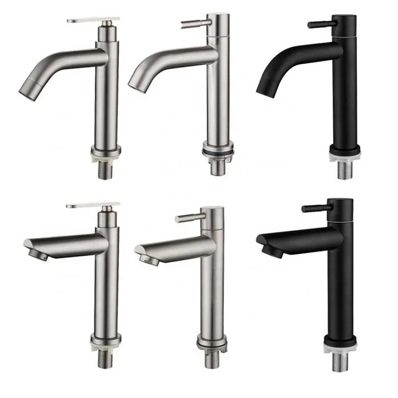 Robinet Lave-Main Eau Froide Inox 304, 6 Versions, Bec Courbe ou Droit