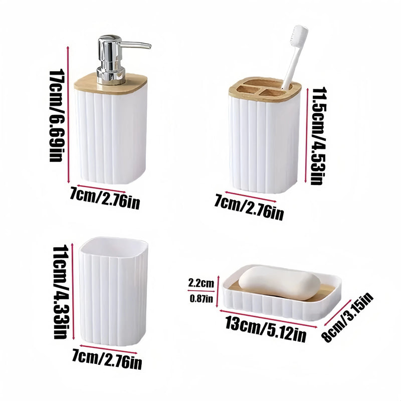 Ensemble Accessoires Salle de Bain Blanc et Bambou, 4 Pièces