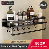 Étagère Salle de Bain Aluminium Sans Perçage Noir ou Gris avec Crochets, 30 à 50 cm
