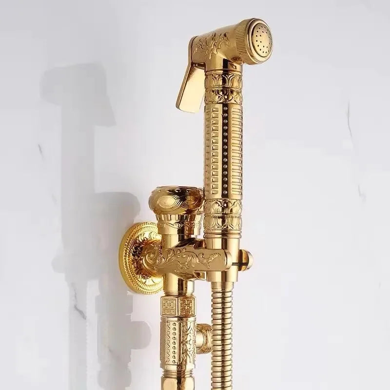 Douchette WC Laiton Doré ou Bronze Antique à Manche Ouvragé et Robinet
