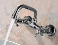 Robinet Mural Lavabo à Croisillons en Laiton, Bec Haut Courbé, 3 Finitions