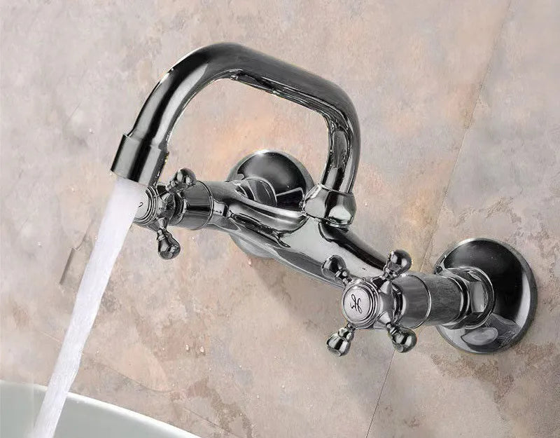 Robinet Mural Lavabo à Croisillons en Laiton, Bec Haut Courbé, 3 Finitions