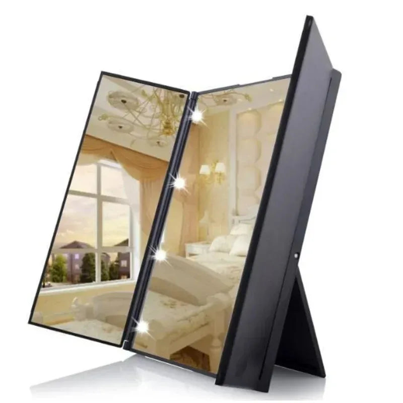 Miroir de Maquillage LED Pliant 3 Volets, Blanc, Noir ou Rose