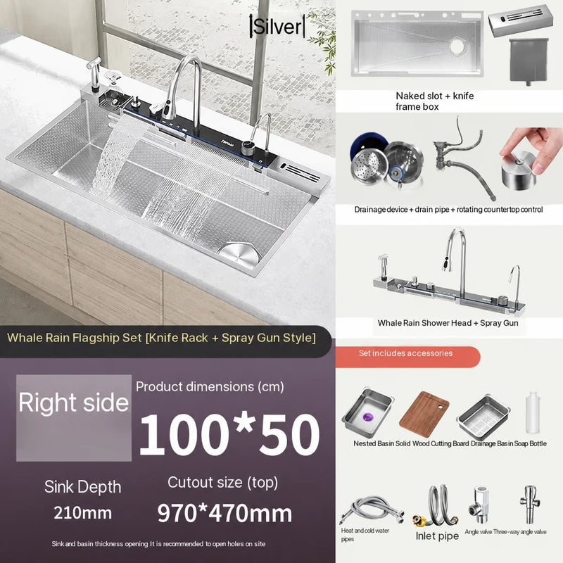 Évier Cuisine Inox 1 Bac Cascade Nid d'Abeille, 68 à 100 cm