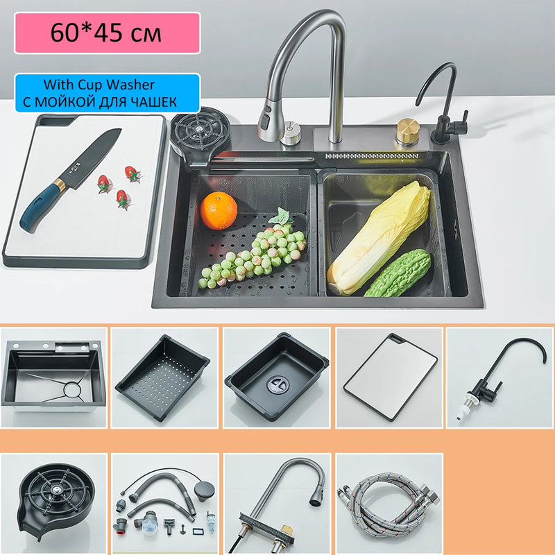 Évier de Cuisine Cascade Inox 304 avec Robinets, Lave-Verre et Afficheur
