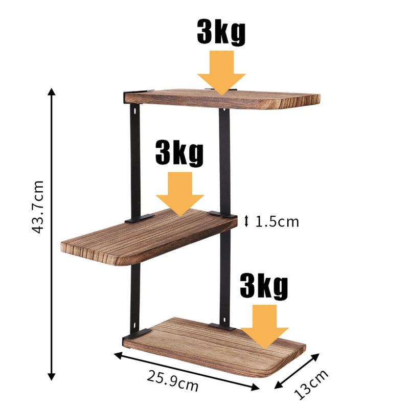 Étagère d'Angle Murale 3 Niveaux Bois et Métal Noir, 44 cm