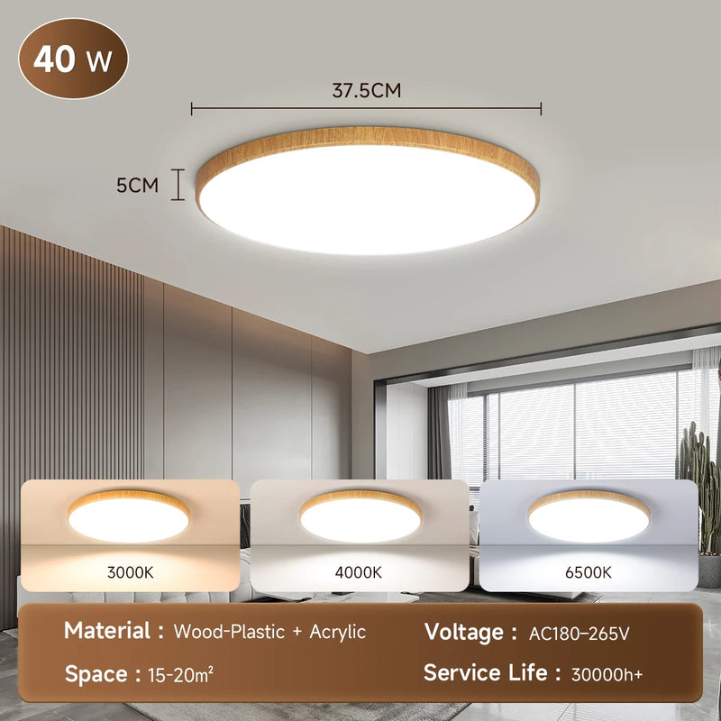 Plafonnier LED Salle de Bain Bois, Puissance et Teinte au Choix