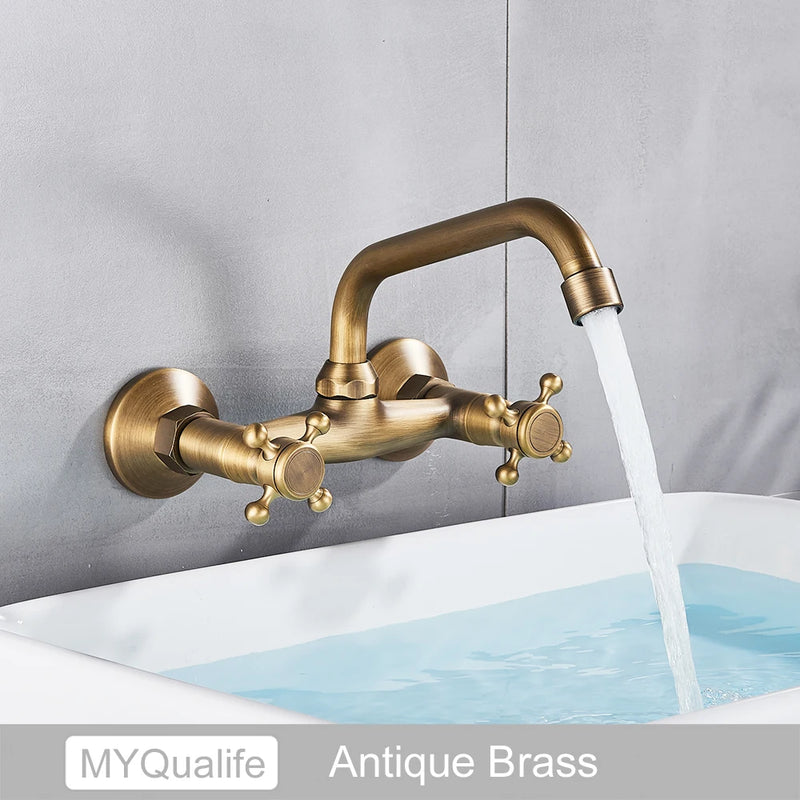 Mitigeur de Cuisine Laiton Antique Bec Long Pivotant Double Poignée