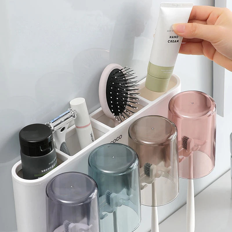 Porte-Brosse à Dents Mural Sans Perçage, 2 à 4 Gobelets, Distributeur Optionnel