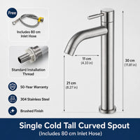 Mitigeur Lavabo Inox 304 Brossé, 7 Configurations