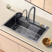 Évier de Cuisine Multifonction Cascade Noir avec Lave-Tasse