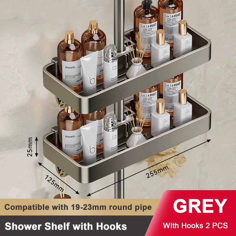 Étagère de Douche Aluminium Gris pour Colonne, Sans Perçage, 1 ou 2 Plateaux