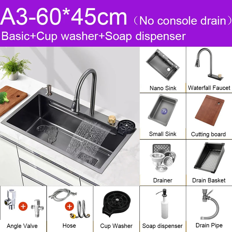 Évier de Cuisine Multifonction Cascade Noir avec Lave-Tasse