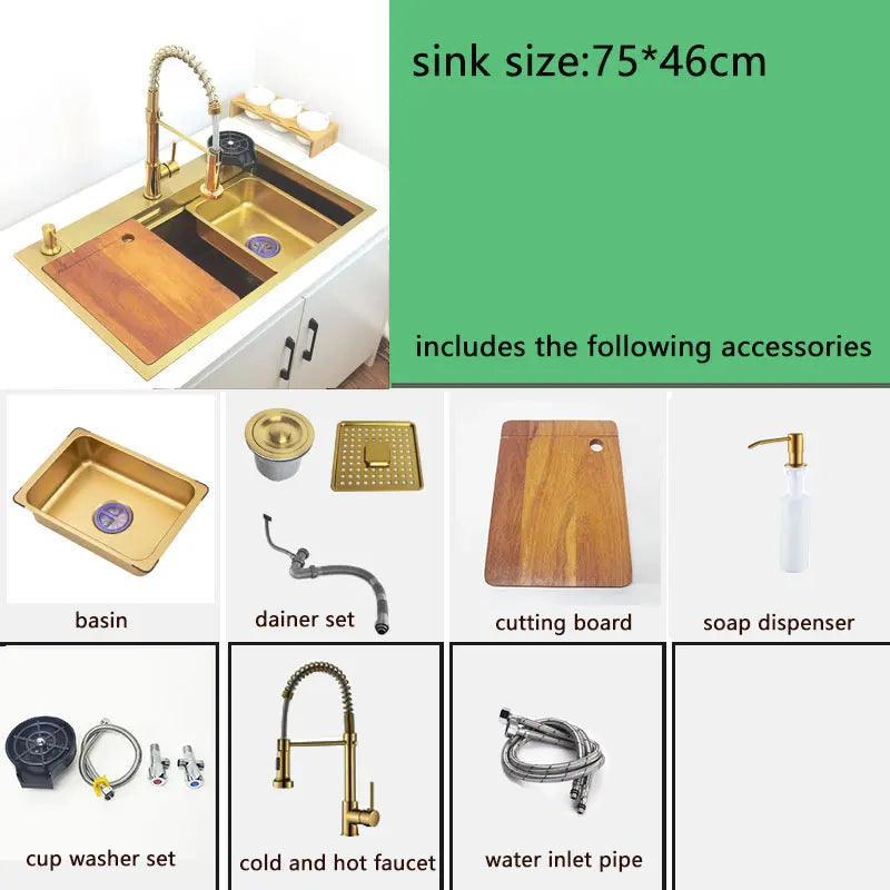 Évier Cuisine Inox 304 Doré Brossé 1 Bac Multifonction, 68 ou 75 cm