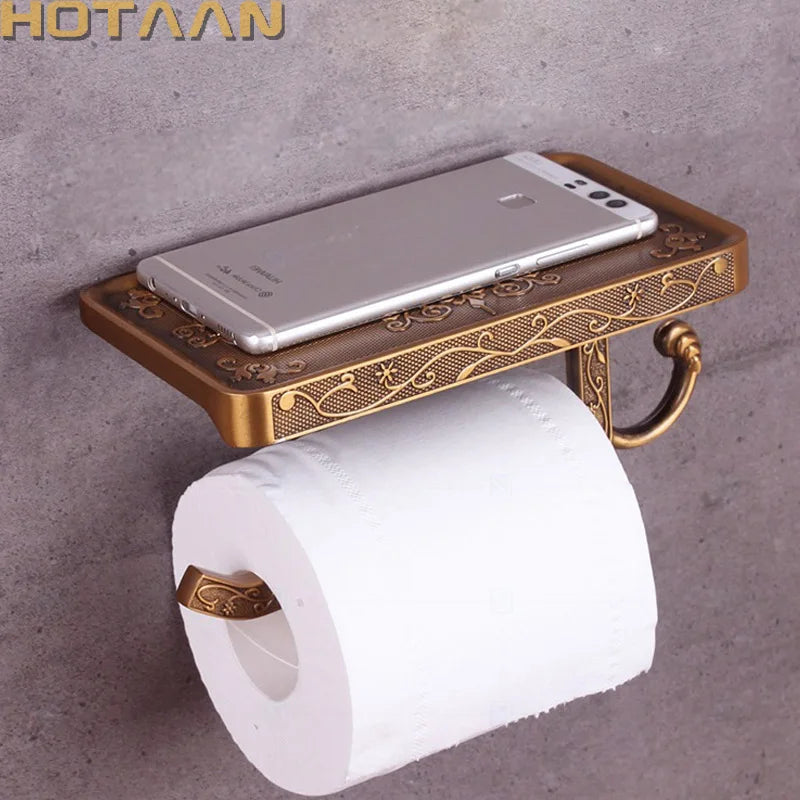 Porte-Papier Toilette Rétro avec Tablette et Crochet, Laiton Vieilli