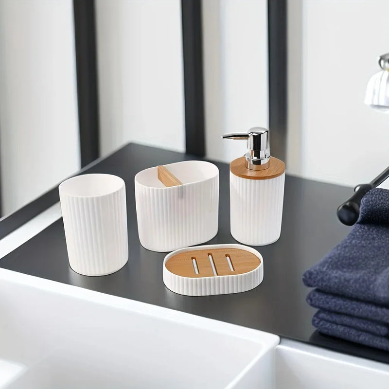 Set Accessoires Salle de Bain 4 Pièces Noir ou Blanc, Plastique et Bambou
