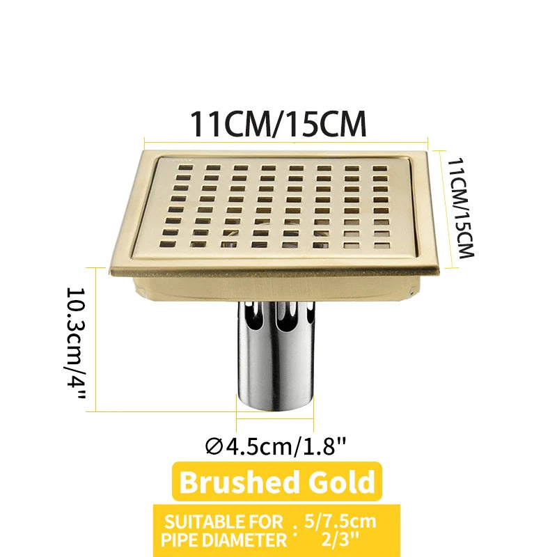 Caniveau de Douche Carré Anti-Odeur Inox 304, Grille 11 ou 15 cm