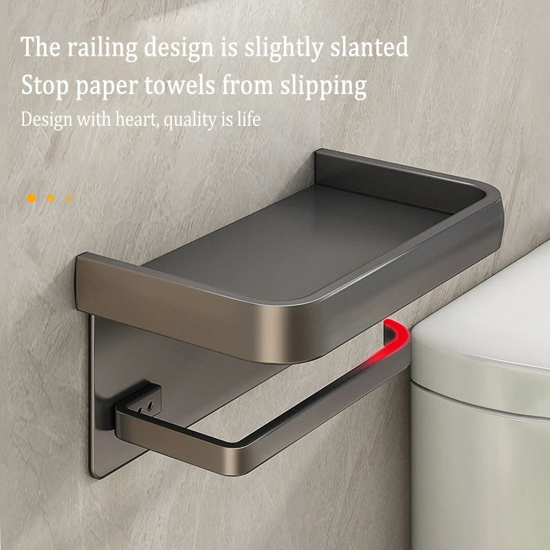 Porte-Papier Toilette Mural Aluminium avec Tablette, Noir ou Gris Anthracite